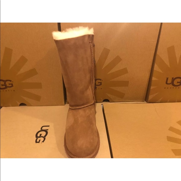 New UGG Bailey Bow Tall Chestnut Sheepskin Boots - Picture 3 of 7